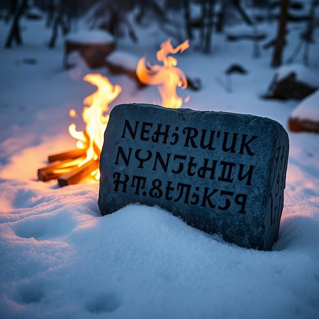 Norse runes intricately carved on a weathered stone slab, with an enchanting fire blazing brightly in the background