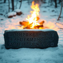 Norse runes intricately carved on a weathered stone slab, with an enchanting fire blazing brightly in the background