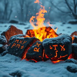 Intricate Viking runes, glowing against a warm fire surrounded by a snowy landscape