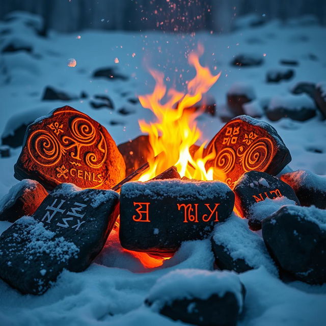 Intricate Viking runes, glowing against a warm fire surrounded by a snowy landscape