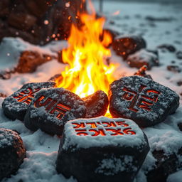 Intricate Viking runes, glowing against a warm fire surrounded by a snowy landscape