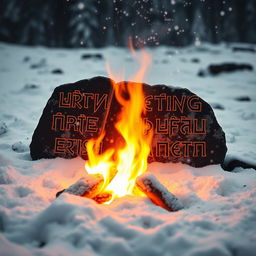 Intricate Viking runes, glowing against a warm fire surrounded by a snowy landscape