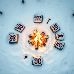 A set of ancient runes, each intricately carved and glowing with a soft mystical light, arranged in a circle around a blazing fire