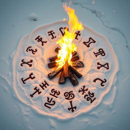 A set of ancient runes, each intricately carved and glowing with a soft mystical light, arranged in a circle around a blazing fire