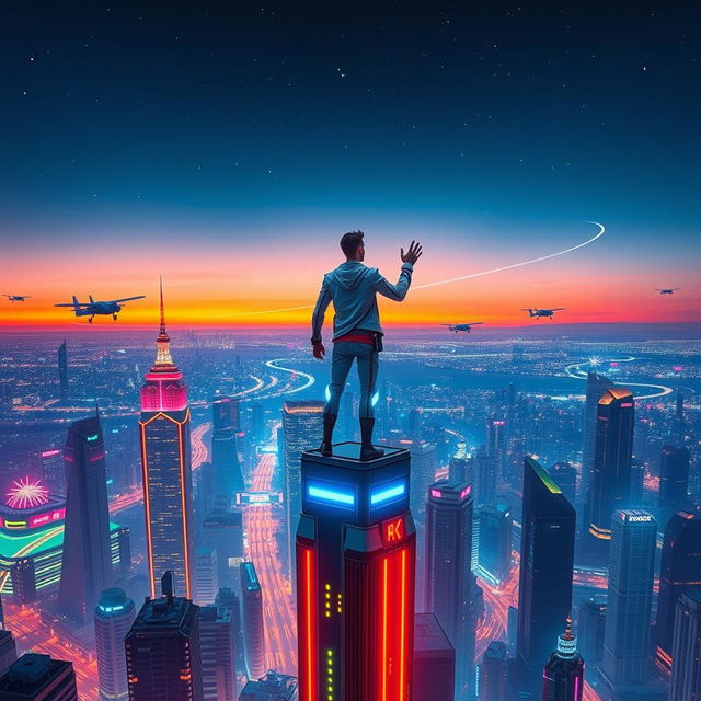 A captivating and colorful YouTube thumbnail featuring a futuristic cityscape with neon lights and flying cars