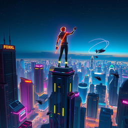 A captivating and colorful YouTube thumbnail featuring a futuristic cityscape with neon lights and flying cars