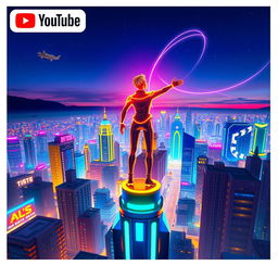 A captivating and colorful YouTube thumbnail featuring a futuristic cityscape with neon lights and flying cars