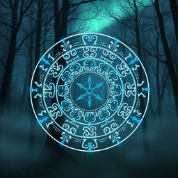 An intricate design of Nordic runes arranged in a circular pattern, each rune glowing with an ethereal blue light