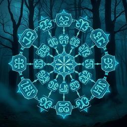 An intricate design of Nordic runes arranged in a circular pattern, each rune glowing with an ethereal blue light