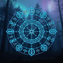 An intricate design of Nordic runes arranged in a circular pattern, each rune glowing with an ethereal blue light