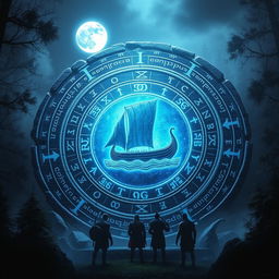 A mystical runic circle of Vikings, intricately carved into ancient stone, glowing with a magical blue light