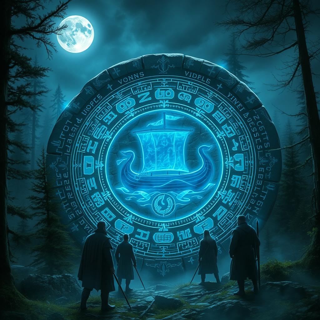 A mystical runic circle of Vikings, intricately carved into ancient stone, glowing with a magical blue light