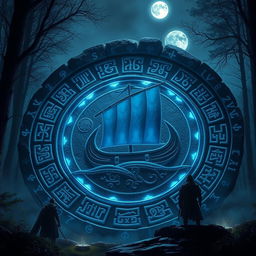 A mystical runic circle of Vikings, intricately carved into ancient stone, glowing with a magical blue light