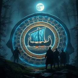 A mystical runic circle of Vikings, intricately carved into ancient stone, glowing with a magical blue light