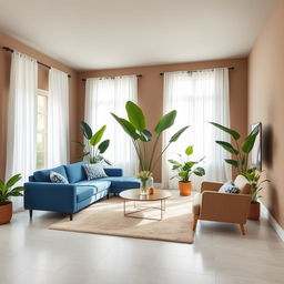 A stylish living room featuring walls painted in an elegant shade of #B4A997, a muted taupe that adds a sense of warmth and sophistication