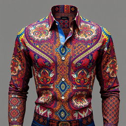 A stylish shirt with an intricate pattern, showcasing vibrant colors and unique designs