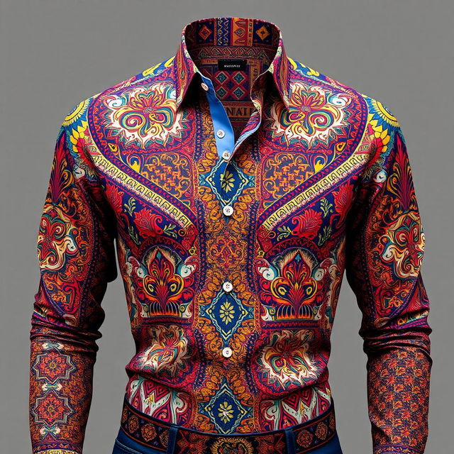 A stylish shirt with an intricate pattern, showcasing vibrant colors and unique designs