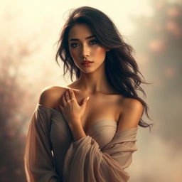 a beautiful and elegant woman standing gracefully, set in a soft and artistic environment, showcasing her natural beauty, wearing flowing garments, gentle atmosphere, peaceful and harmonious surroundings