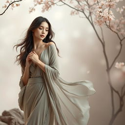 a beautiful and elegant woman standing gracefully, set in a soft and artistic environment, showcasing her natural beauty, wearing flowing garments, gentle atmosphere, peaceful and harmonious surroundings