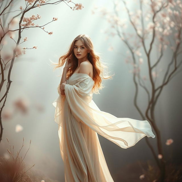 a beautiful and elegant woman standing gracefully, set in a soft and artistic environment, showcasing her natural beauty, wearing flowing garments, gentle atmosphere, peaceful and harmonious surroundings