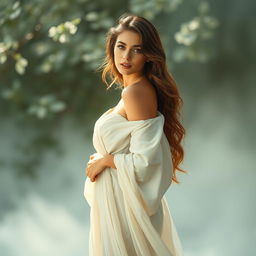 a beautiful and elegant woman standing gracefully, set in a soft and artistic environment, showcasing her natural beauty, wearing flowing garments, gentle atmosphere, peaceful and harmonious surroundings