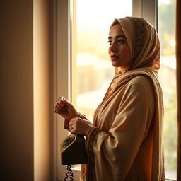 A beautiful Muslim woman, with an expression of introspection and strength, standing by a window with soft, natural light streaming in