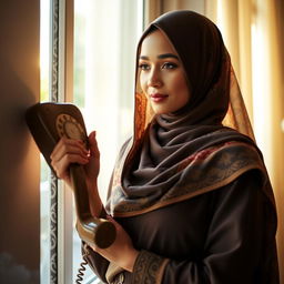 A beautiful Muslim woman, with an expression of introspection and strength, standing by a window with soft, natural light streaming in