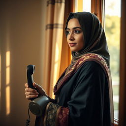 A beautiful Muslim woman, with an expression of introspection and strength, standing by a window with soft, natural light streaming in