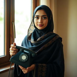 A beautiful Muslim woman, with an expression of introspection and strength, standing by a window with soft, natural light streaming in