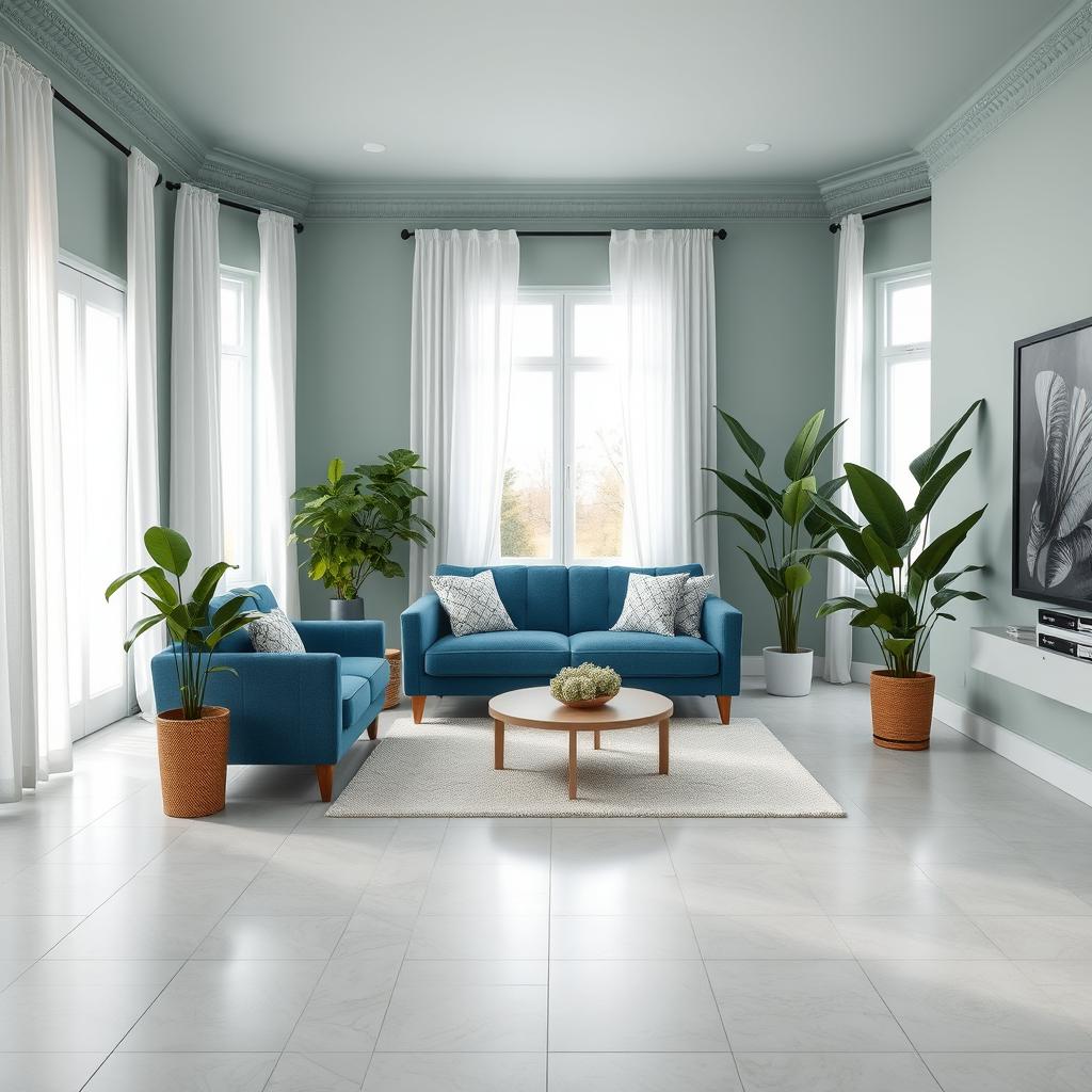 A serene and inviting living room featuring walls painted in a gentle hue of #EBD8D0, an elegant and calming shade that elevates the room's ambiance