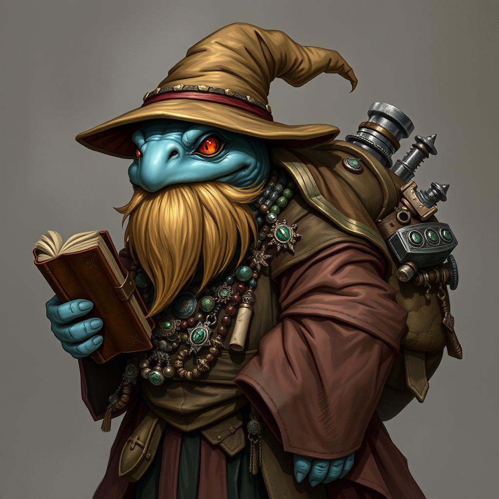 A Dungeons & Dragons character, a male tortle wizard with a dull blue shell