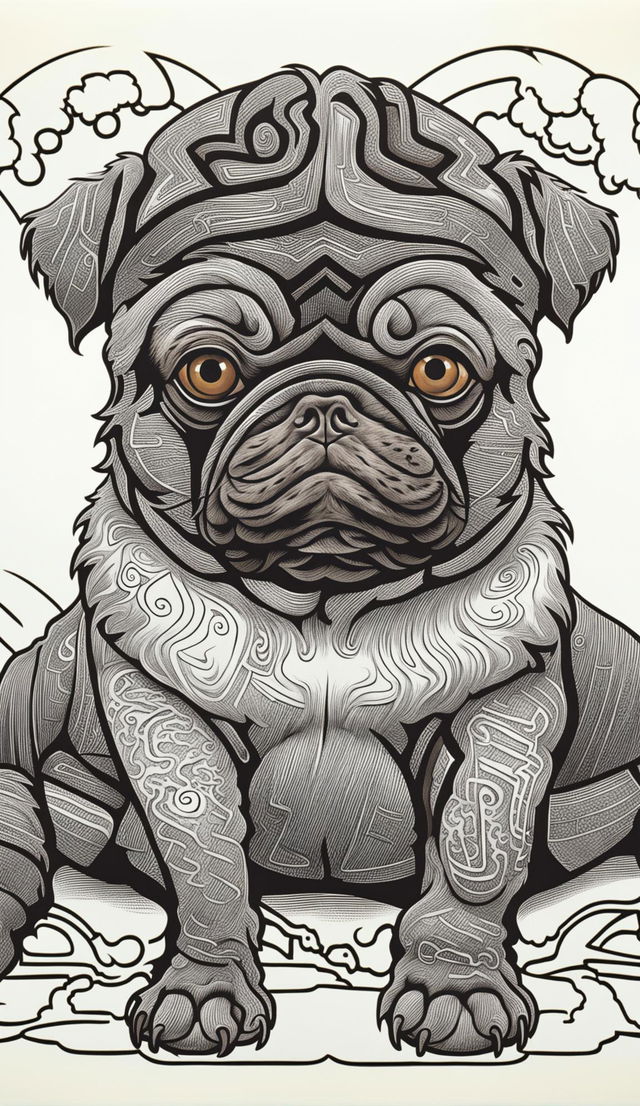 A grumpier coloring book-style pug with furrowed eyebrows and an even more unimpressed look sits on an outlined rug against a simple patterned background.