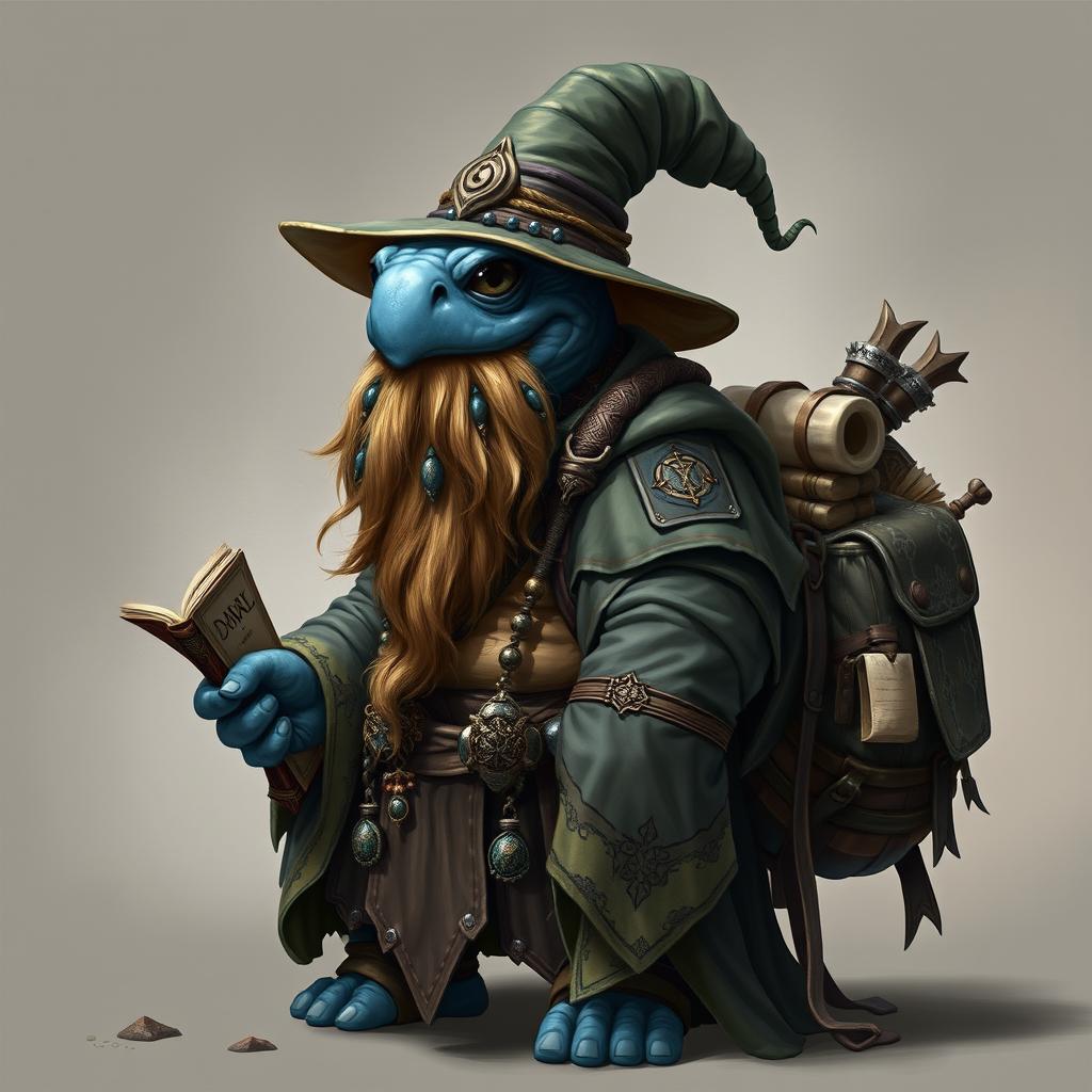 A Dungeons & Dragons character, a male tortle wizard with a dull blue shell