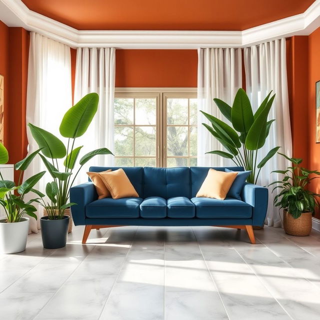 A cozy living room featuring walls painted in #CB8665, a rich, warm terracotta that adds a sense of earthy elegance and sophistication to the space