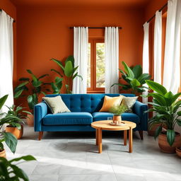 A cozy living room featuring walls painted in #CB8665, a rich, warm terracotta that adds a sense of earthy elegance and sophistication to the space