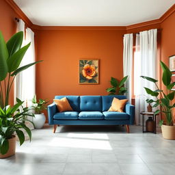 A cozy living room featuring walls painted in #CB8665, a rich, warm terracotta that adds a sense of earthy elegance and sophistication to the space