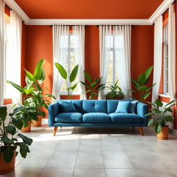 A cozy living room featuring walls painted in #CB8665, a rich, warm terracotta that adds a sense of earthy elegance and sophistication to the space