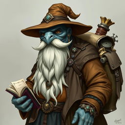 A Dungeons & Dragons character, a male tortle wizard with a dull blue shell