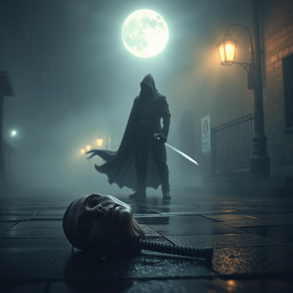 A mysterious assassin clad in a dark, flowing cloak standing amidst a foggy night