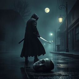 A mysterious assassin clad in a dark, flowing cloak standing amidst a foggy night