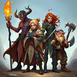 An adventurous fantasy team consisting of four distinct characters