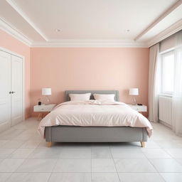 A serene bedroom featuring a white ceiling and floors covered with 30 cm square light gray ceramic tiles, almost white, that impart a clean and expansive feel