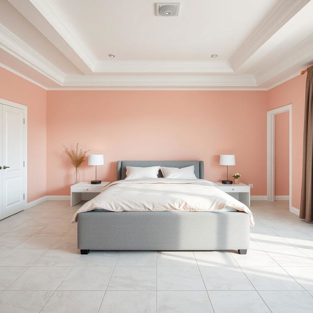 A serene bedroom featuring a white ceiling and floors covered with 30 cm square light gray ceramic tiles, almost white, that impart a clean and expansive feel