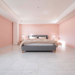 A serene bedroom featuring a white ceiling and floors covered with 30 cm square light gray ceramic tiles, almost white, that impart a clean and expansive feel