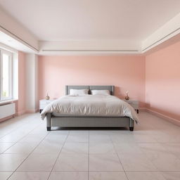 A serene bedroom featuring a white ceiling and floors covered with 30 cm square light gray ceramic tiles, almost white, that impart a clean and expansive feel