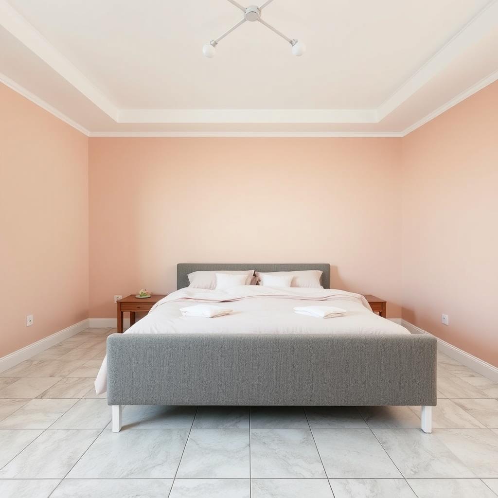 A tranquil bedroom featuring a white ceiling and floors adorned with 30 cm square light gray ceramic tiles, nearly white, providing a clean and airy ambiance