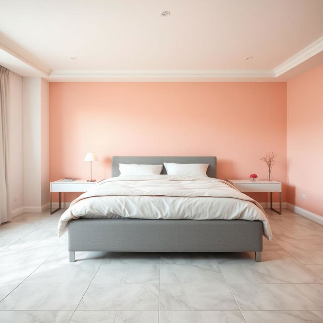 A tranquil bedroom featuring a white ceiling and floors adorned with 30 cm square light gray ceramic tiles, nearly white, providing a clean and airy ambiance