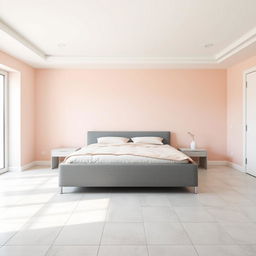 A tranquil bedroom featuring a white ceiling and floors adorned with 30 cm square light gray ceramic tiles, nearly white, providing a clean and airy ambiance