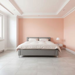 A tranquil bedroom featuring a white ceiling and floors adorned with 30 cm square light gray ceramic tiles, nearly white, providing a clean and airy ambiance