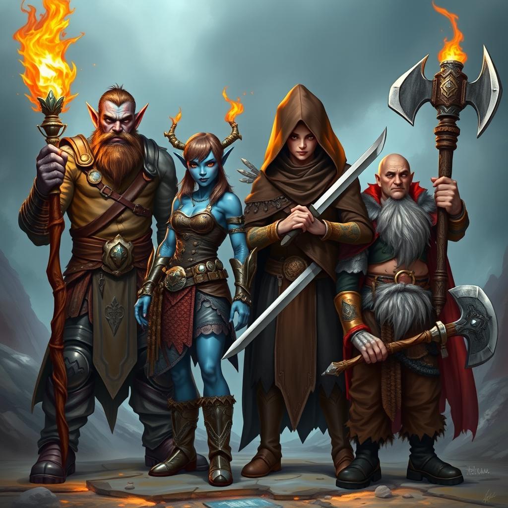 A fantasy team of four captivating characters, each showcasing their unique traits and abilities, set against an enchanting backdrop